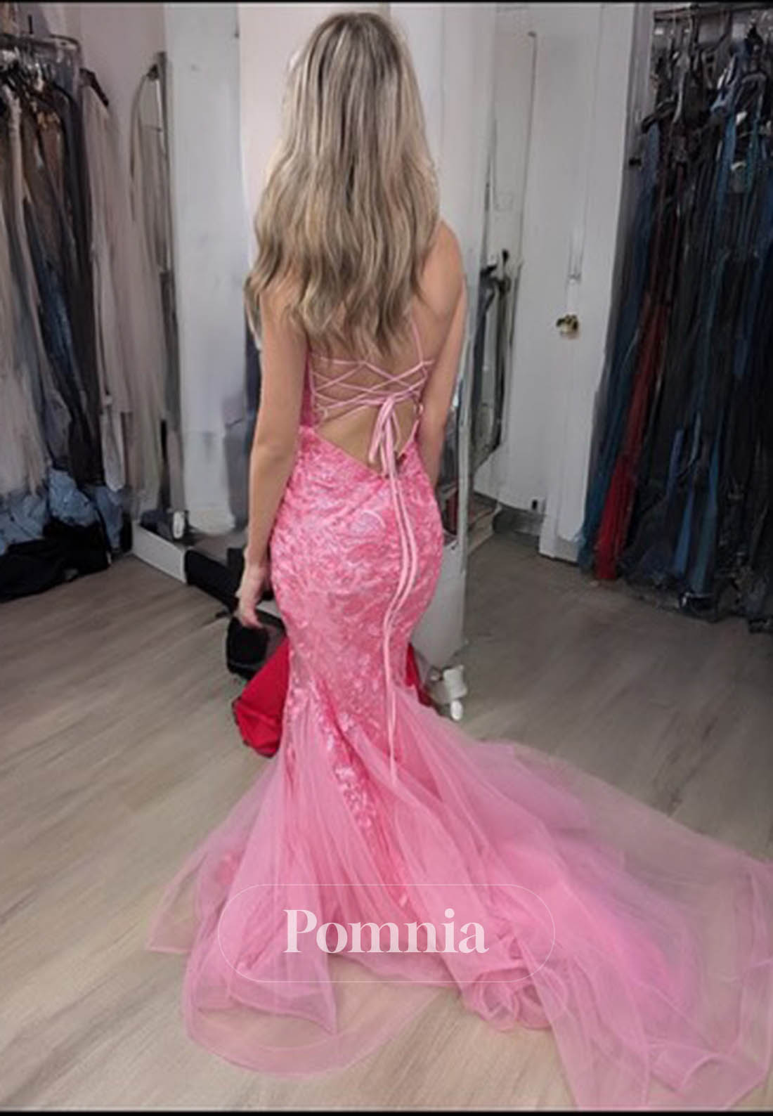 Blushing Pink Spaghetti Straps V-Neck Backless Appliques Prom Dress