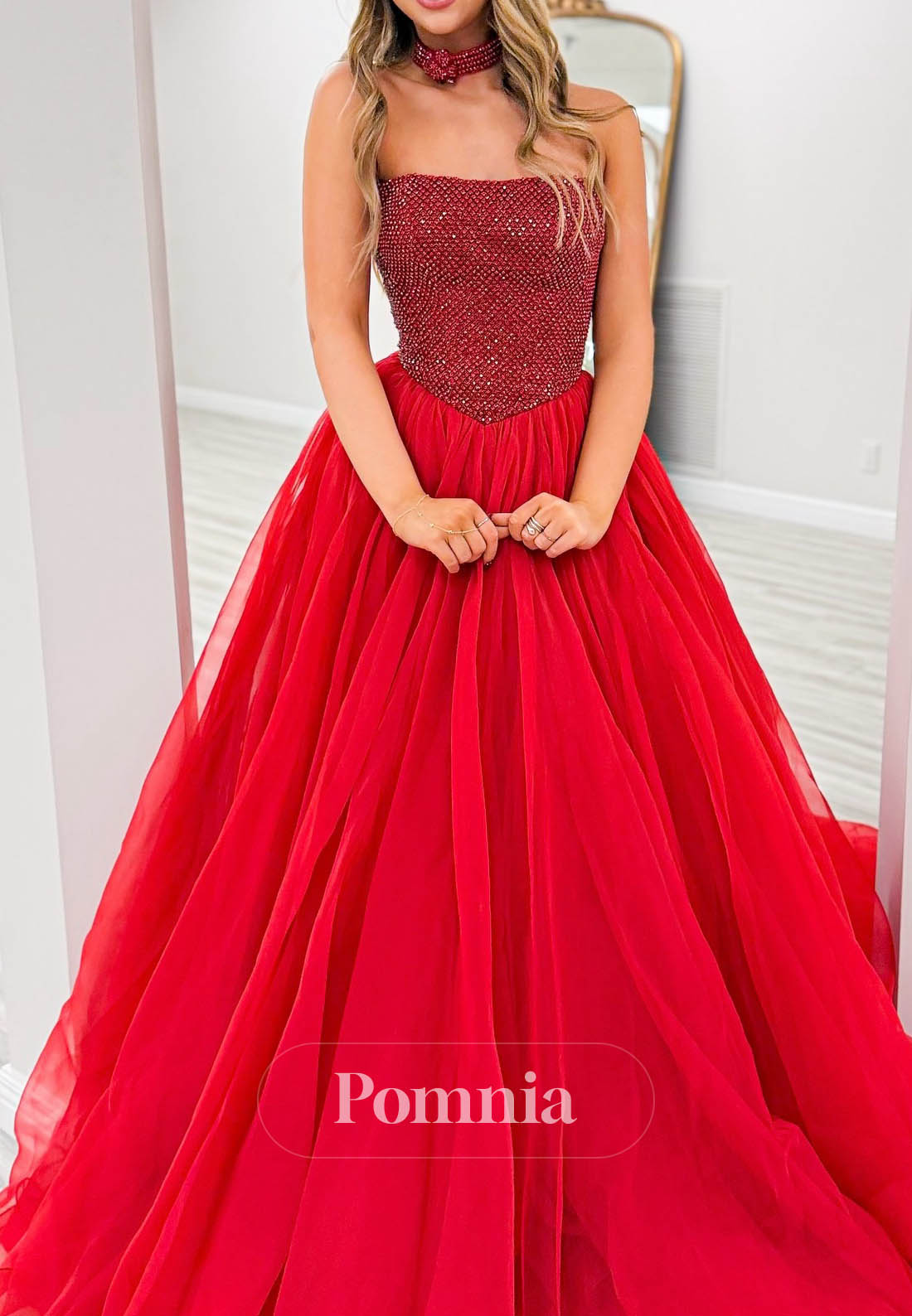 Red Sleeveless Strapless Sequins Lace Prom Dress