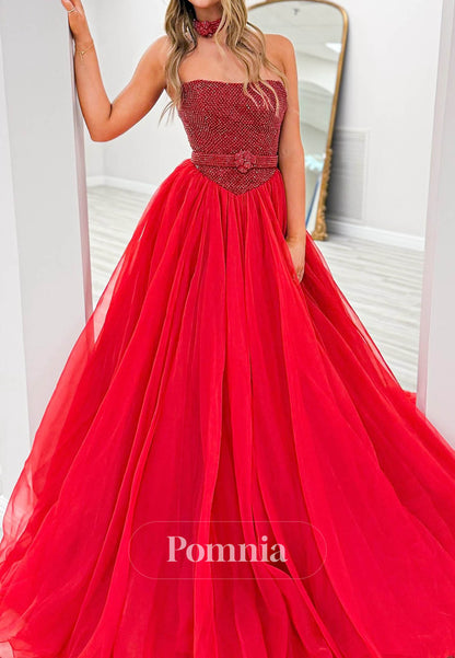 Red Sleeveless Strapless Sequins Lace Prom Dress