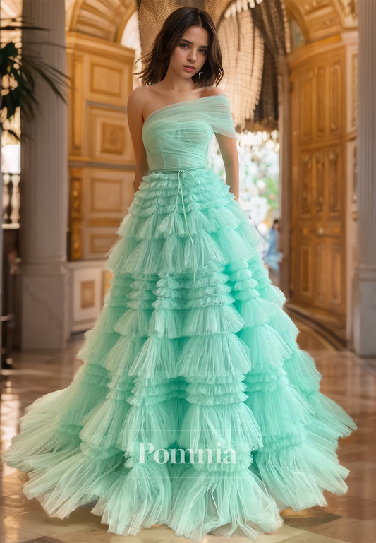 Mint Green A-Line One Shoulder Prom Dress with Ruffles Evening Party Dress