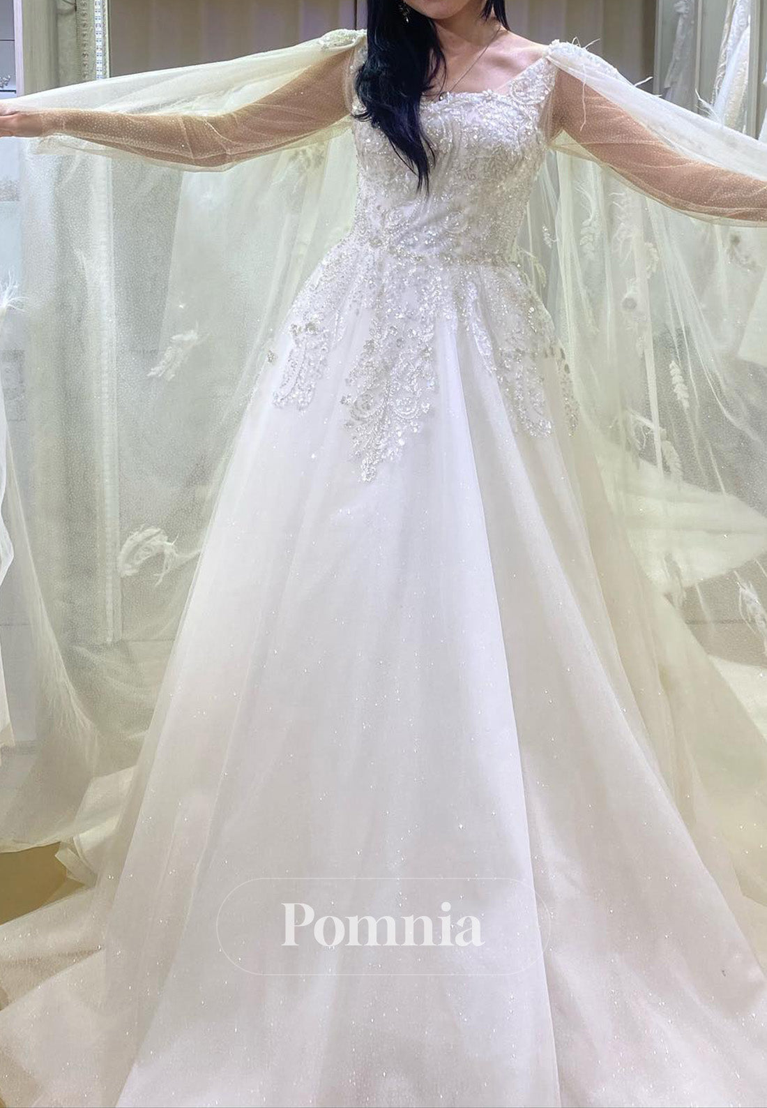 A-Line Scoop Cape Empire-Waist Wedding Dress