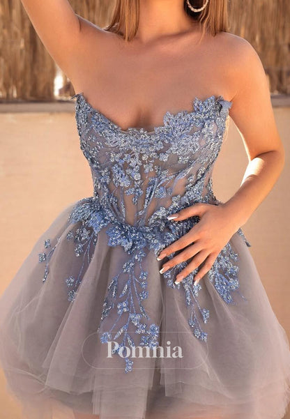 Simple Strapless Sleeveless Floral Appliques Short Homecoming Dress