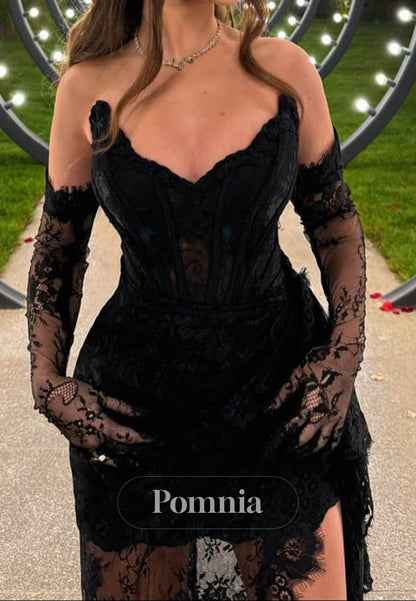 Black Scoop Sleeveless Ruched Lace Prom Dress