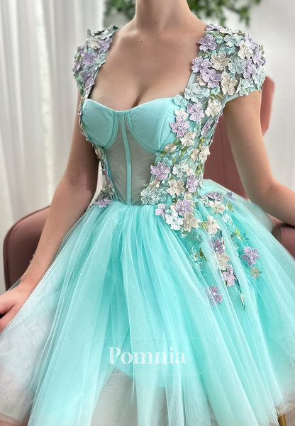 Mint Green Short Sleeves Sweetheart Appliques Corset Homecoming Dress