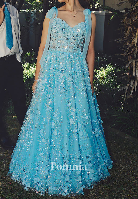 Sky Blue Spaghetti Straps Scoop Floral Appliques Prom Dress