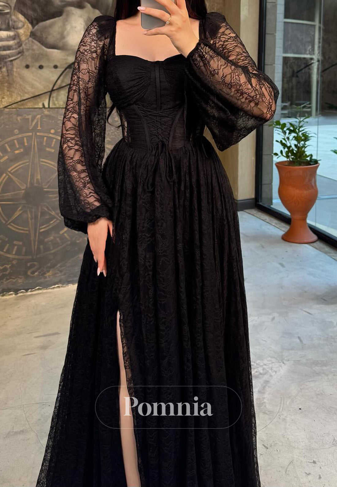 Black Long Sleeves Sweetheart Slit A-Line Prom Dress