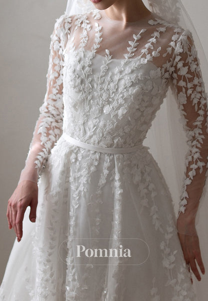 Charming A-Line Scoop Long Sleeves Floral Appliques Wedding Dress