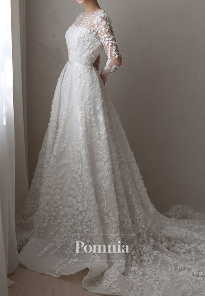 Charming A-Line Scoop Long Sleeves Floral Appliques Wedding Dress