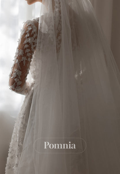 Charming A-Line Scoop Long Sleeves Floral Appliques Wedding Dress