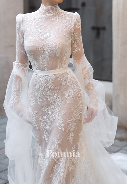 High Neck Long Sleeves Empire-Waist Appliques Lace Wedding Dress
