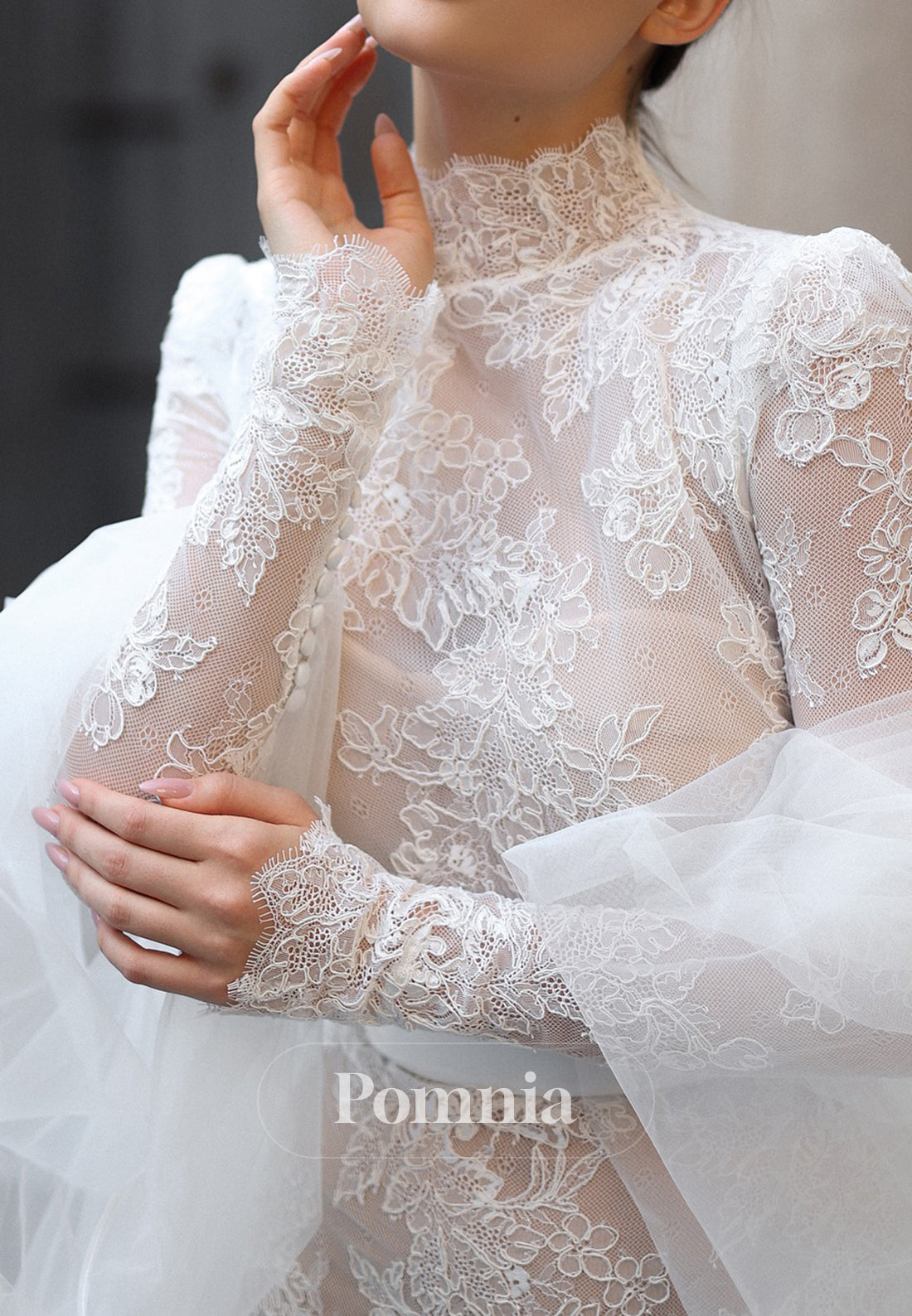 High Neck Long Sleeves Empire-Waist Appliques Lace Wedding Dress