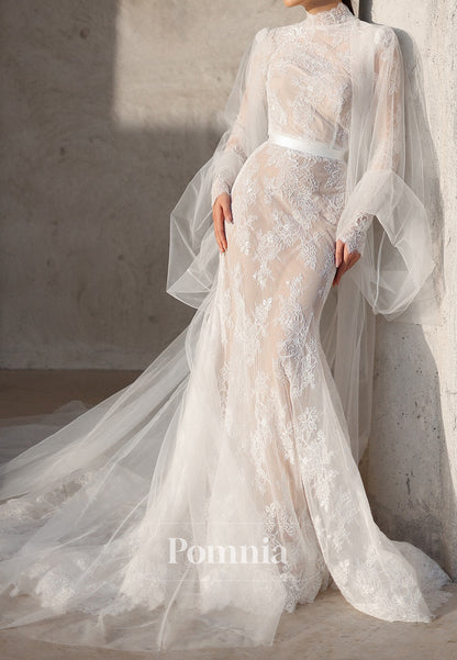High Neck Long Sleeves Empire-Waist Appliques Lace Wedding Dress