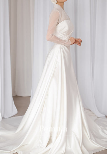 Simple Long Sleeves V-Neck  Empire-Waist Ruched Wedding Dress