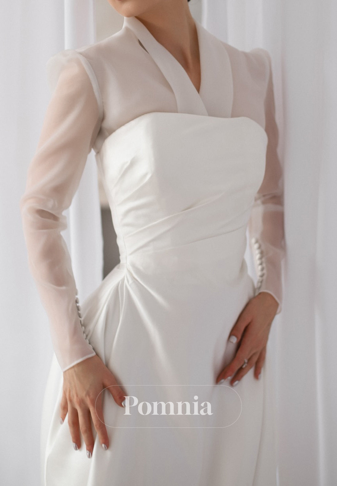 Simple Long Sleeves V-Neck  Empire-Waist Ruched Wedding Dress