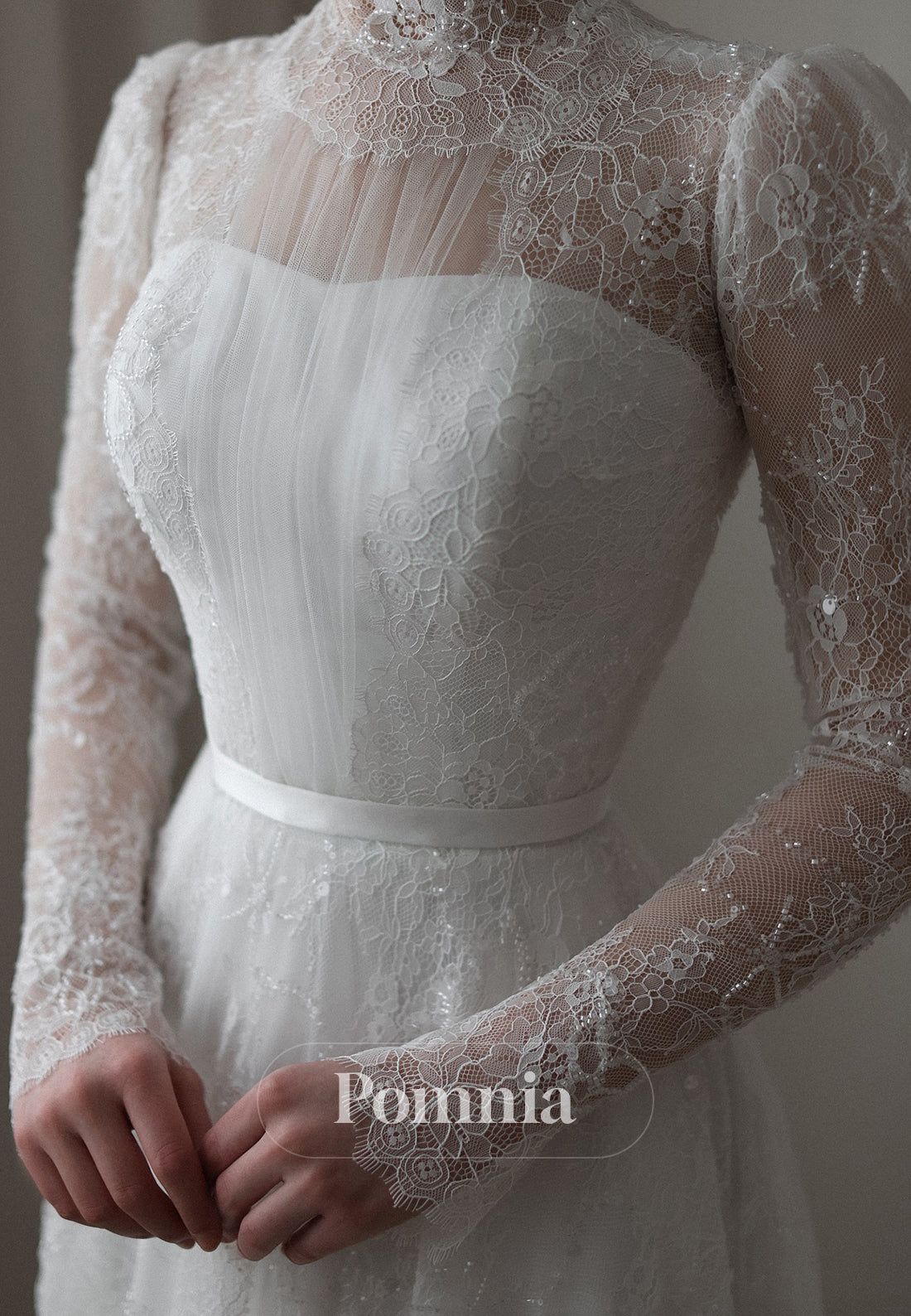 Charming A-Line Long Sleeves High Neck Corset Tulle Wedding Dress