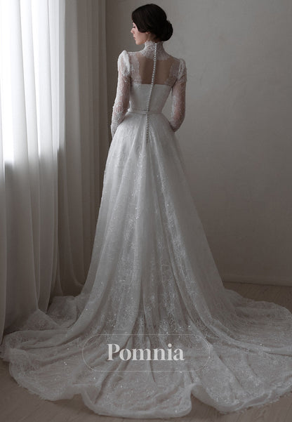 Charming A-Line Long Sleeves High Neck Corset Tulle Wedding Dress