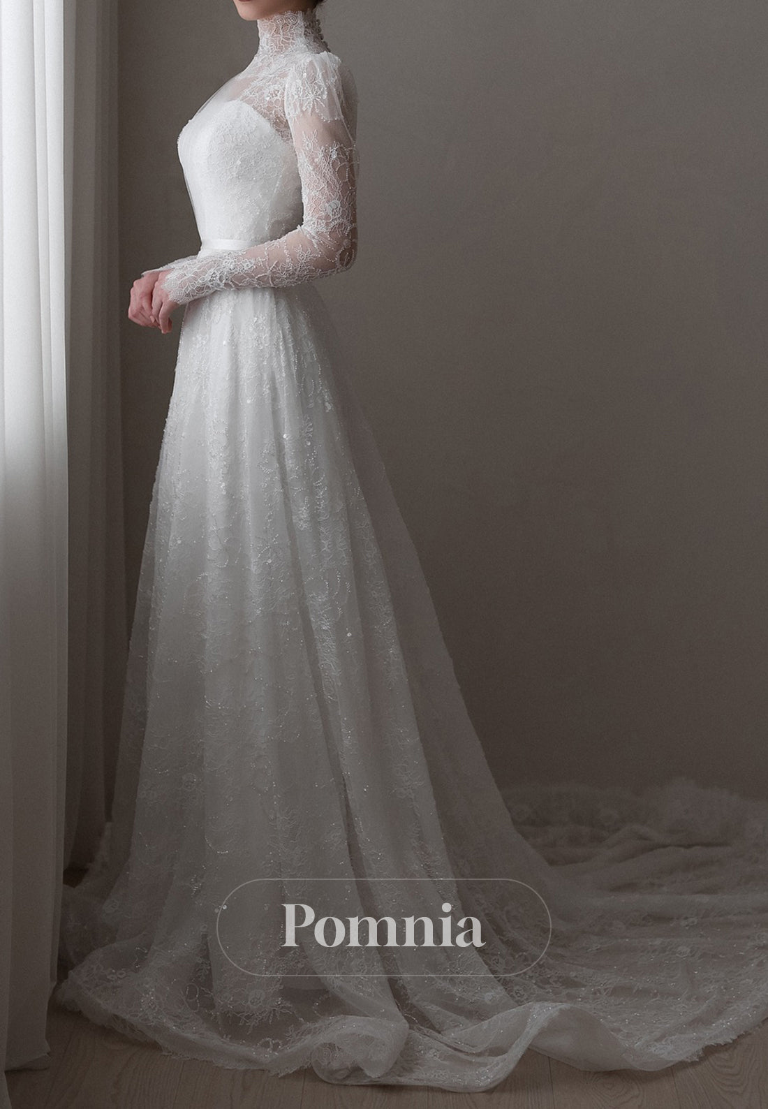 Charming A-Line Long Sleeves High Neck Corset Tulle Wedding Dress
