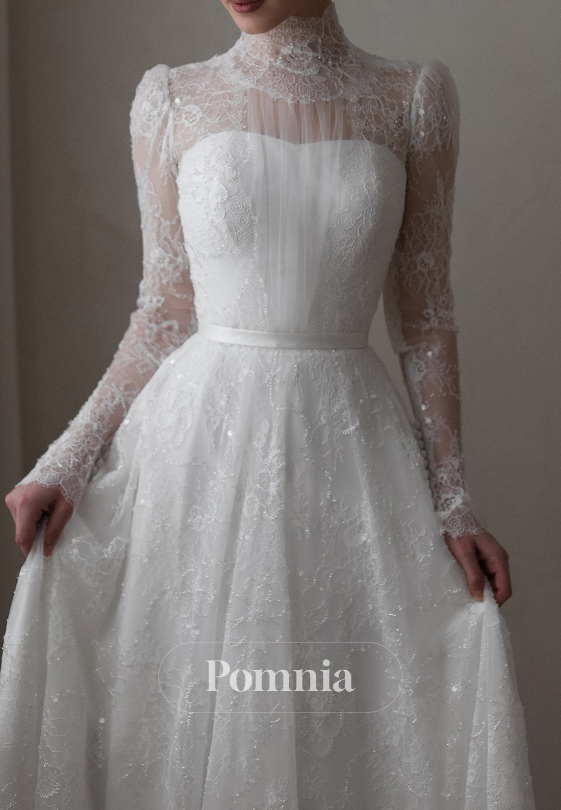 Charming A-Line Long Sleeves High Neck Corset Tulle Wedding Dress