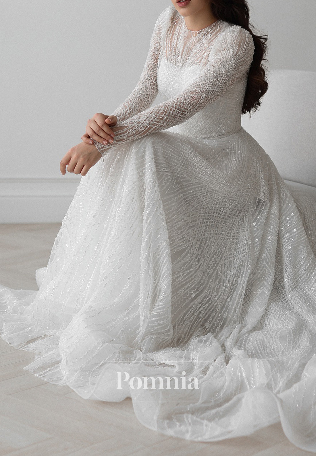 Sparkly Long Sleeves High Neck Empire-Waist Lace Wedding Dress