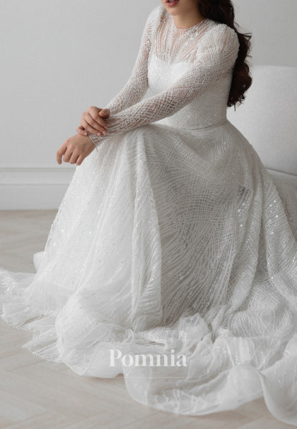 Sparkly Long Sleeves High Neck Empire-Waist Lace Wedding Dress
