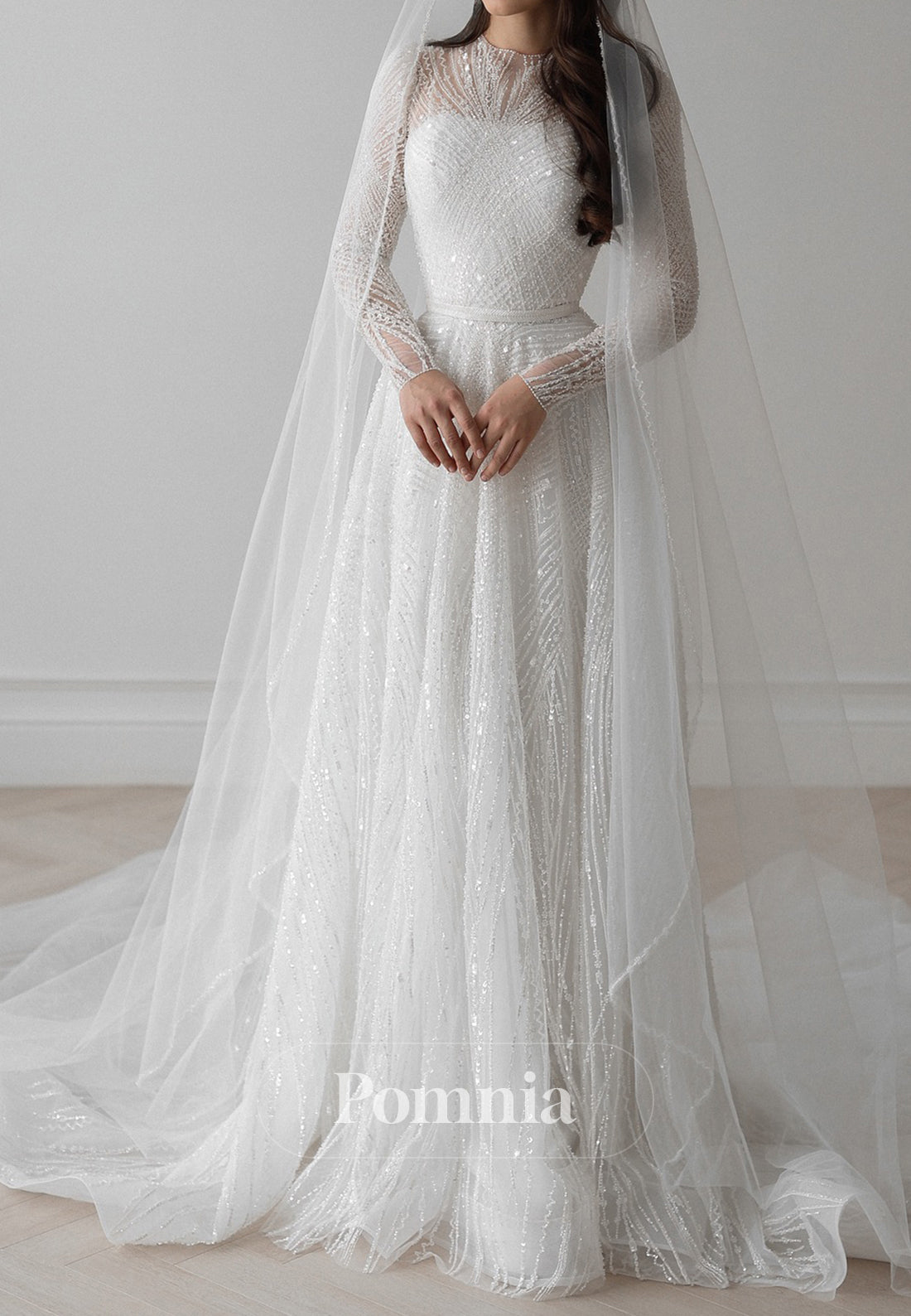Sparkly Long Sleeves High Neck Empire-Waist Lace Wedding Dress