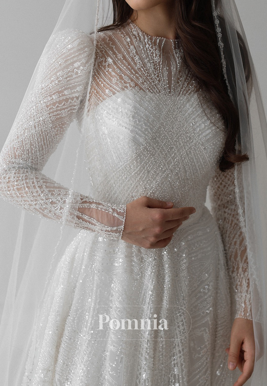 Sparkly Long Sleeves High Neck Empire-Waist Lace Wedding Dress