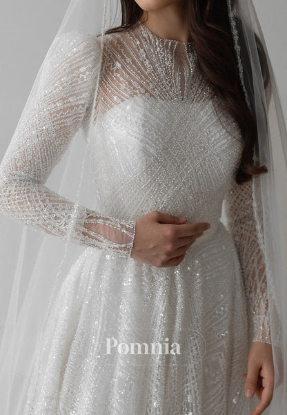Sparkly Long Sleeves High Neck Empire-Waist Lace Wedding Dress