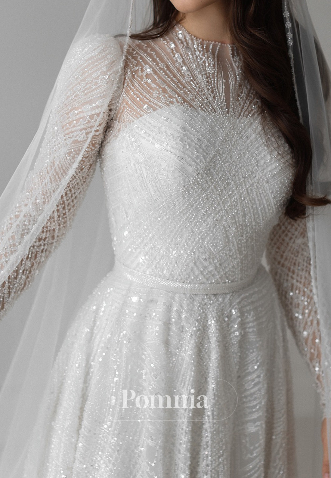 Sparkly Long Sleeves High Neck Empire-Waist Lace Wedding Dress