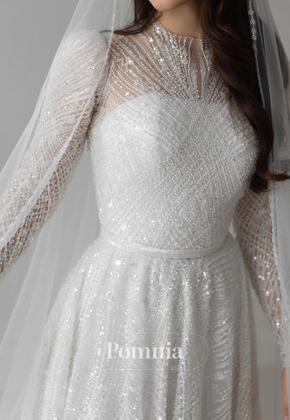 Sparkly Long Sleeves High Neck Empire-Waist Lace Wedding Dress