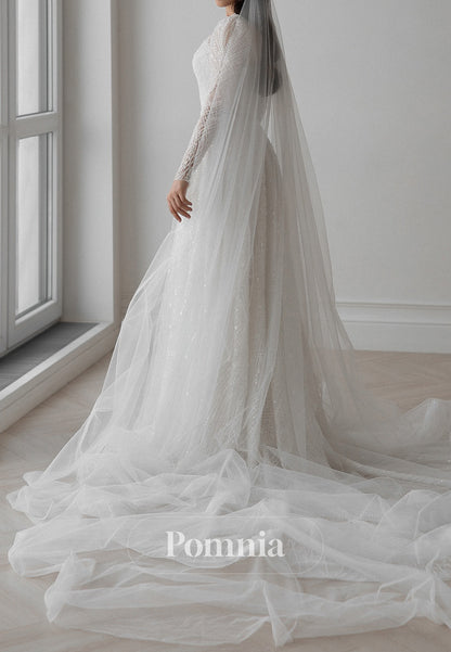 Sparkly Long Sleeves High Neck Empire-Waist Lace Wedding Dress