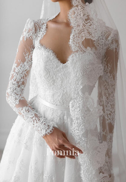 A-Line Sweetheart Long Sleeves Floral Appliques Lace Wedding Dress
