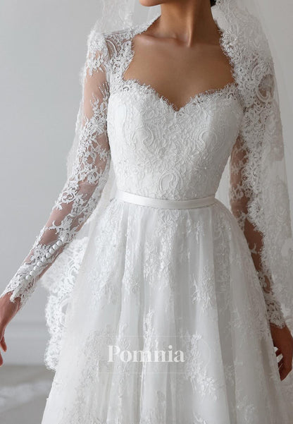 A-Line Sweetheart Long Sleeves Floral Appliques Lace Wedding Dress
