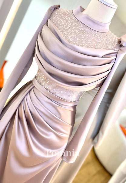 Simple A-Line Long Sleeves High Neck Sequins Evening Dress