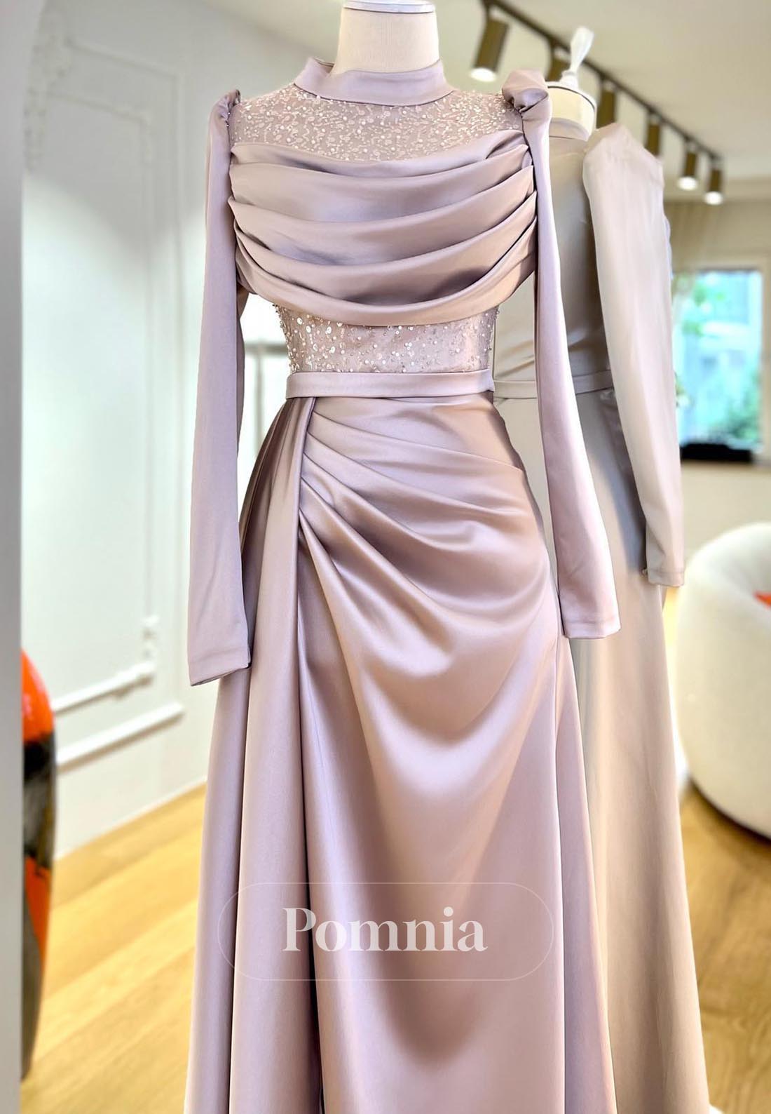 Simple A-Line Long Sleeves High Neck Sequins Evening Dress