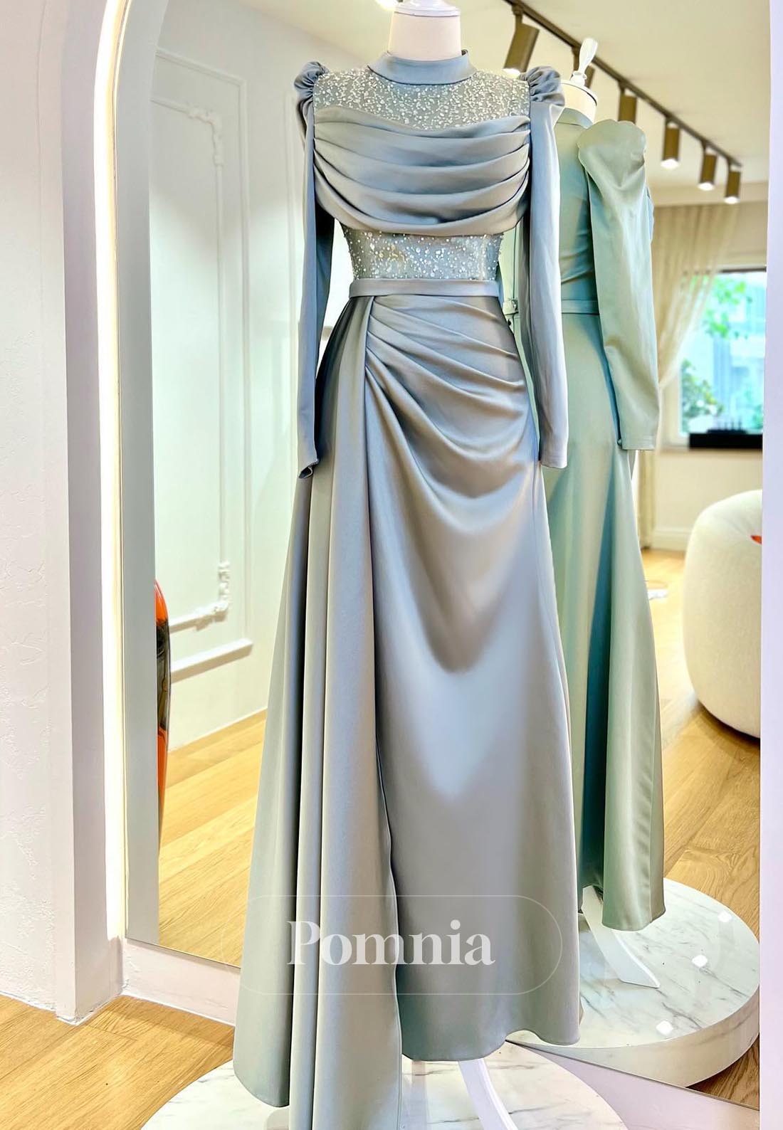 Simple A-Line Long Sleeves High Neck Sequins Evening Dress