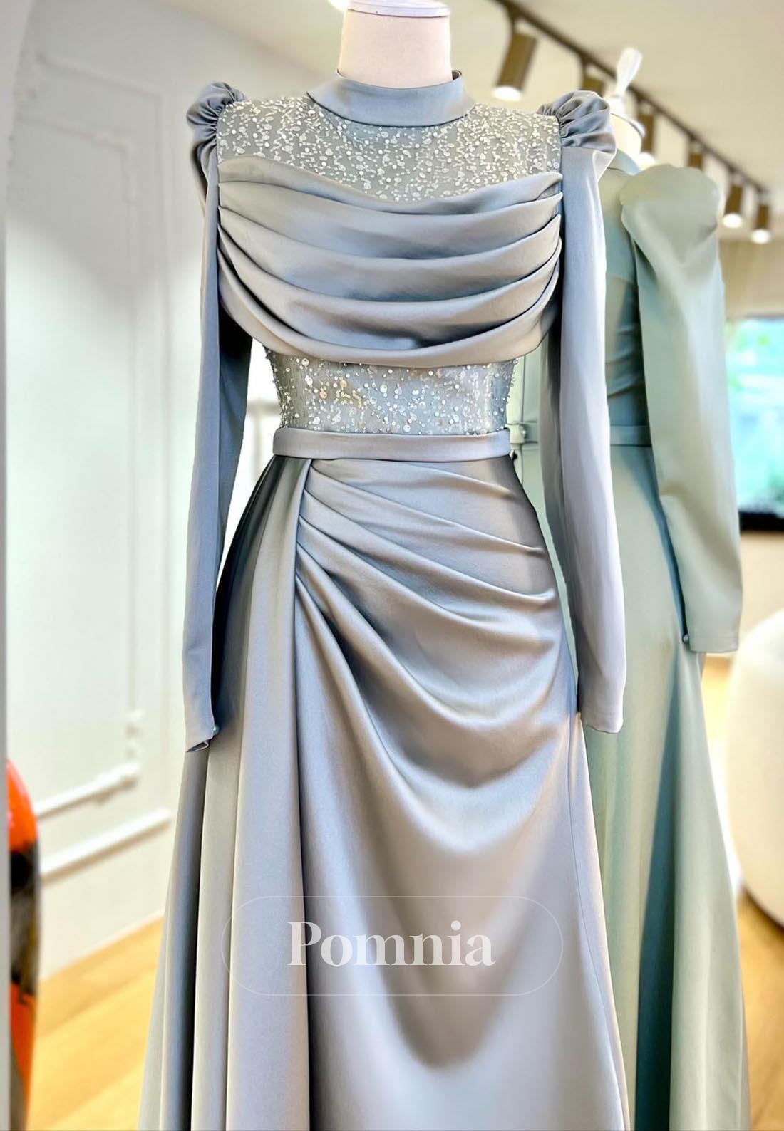 Simple A-Line Long Sleeves High Neck Sequins Evening Dress