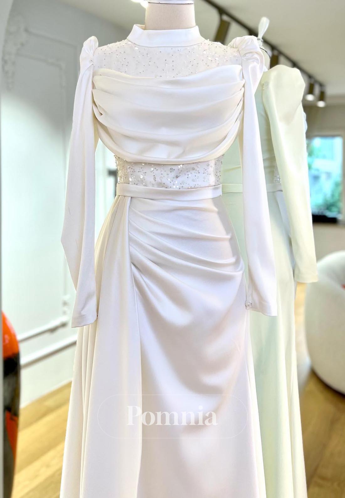 Simple A-Line Long Sleeves High Neck Sequins Evening Dress