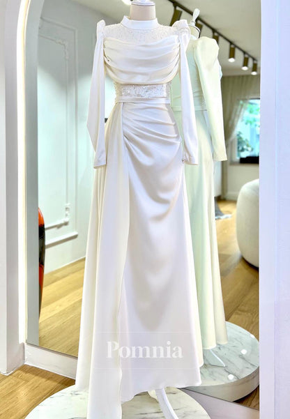 Simple A-Line Long Sleeves High Neck Sequins Evening Dress