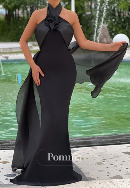 Sleeveless Halter Appliques Ruched Evening Dress