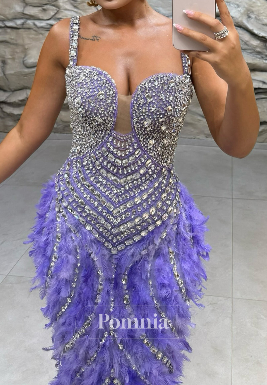 Lilac Spaghetti Straps Sweetheart Beads Feathers Sheath Prom Dress