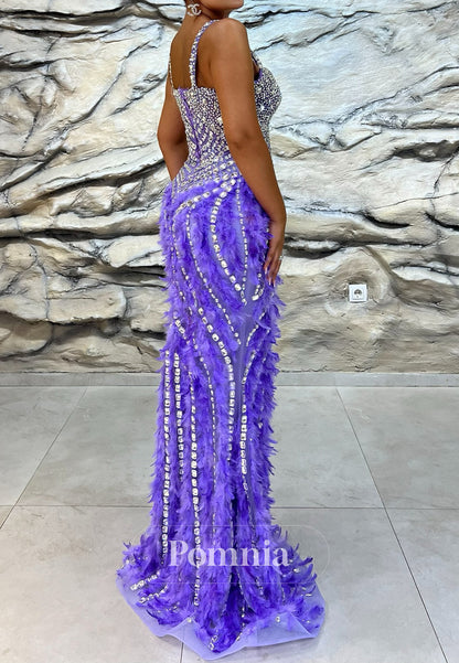 Lilac Spaghetti Straps Sweetheart Beads Feathers Sheath Prom Dress
