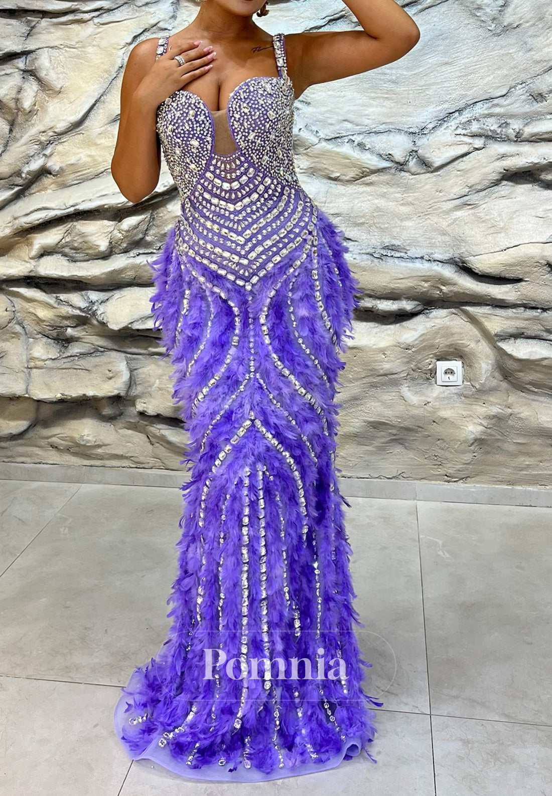 Lilac Spaghetti Straps Sweetheart Beads Feathers Sheath Prom Dress