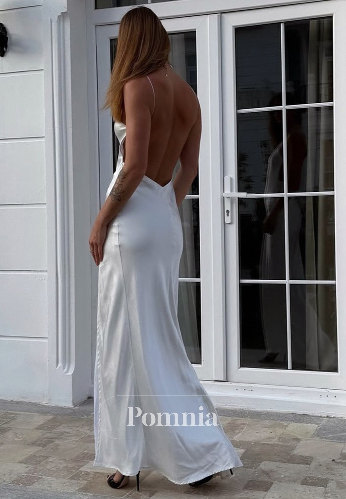 Simple Spaghetti Straps Scoop Backless Slit Wedding Dress