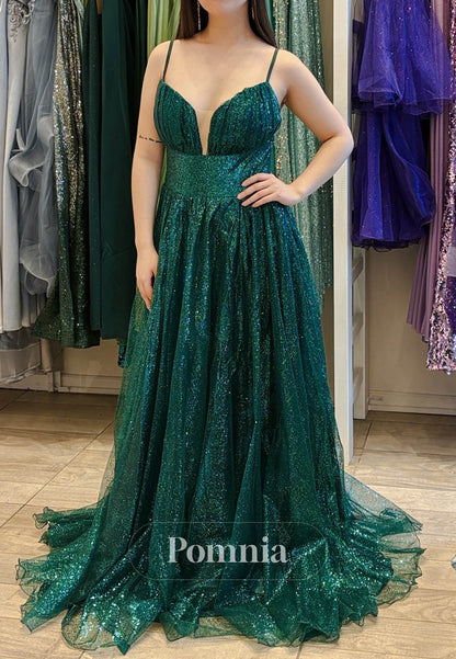 Dark Green Spaghetti Straps V-Neck Sequins Prom Dress