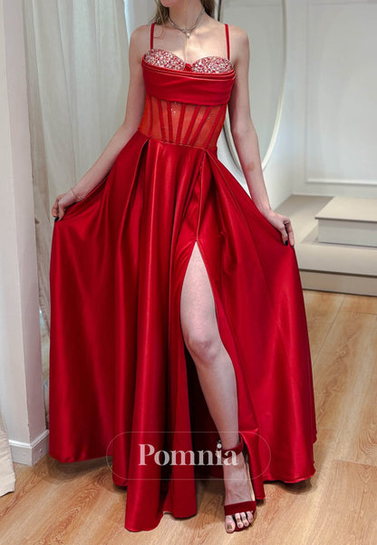 Red Spaghetti Straps Sweetheart Sequins Corset Prom Dress