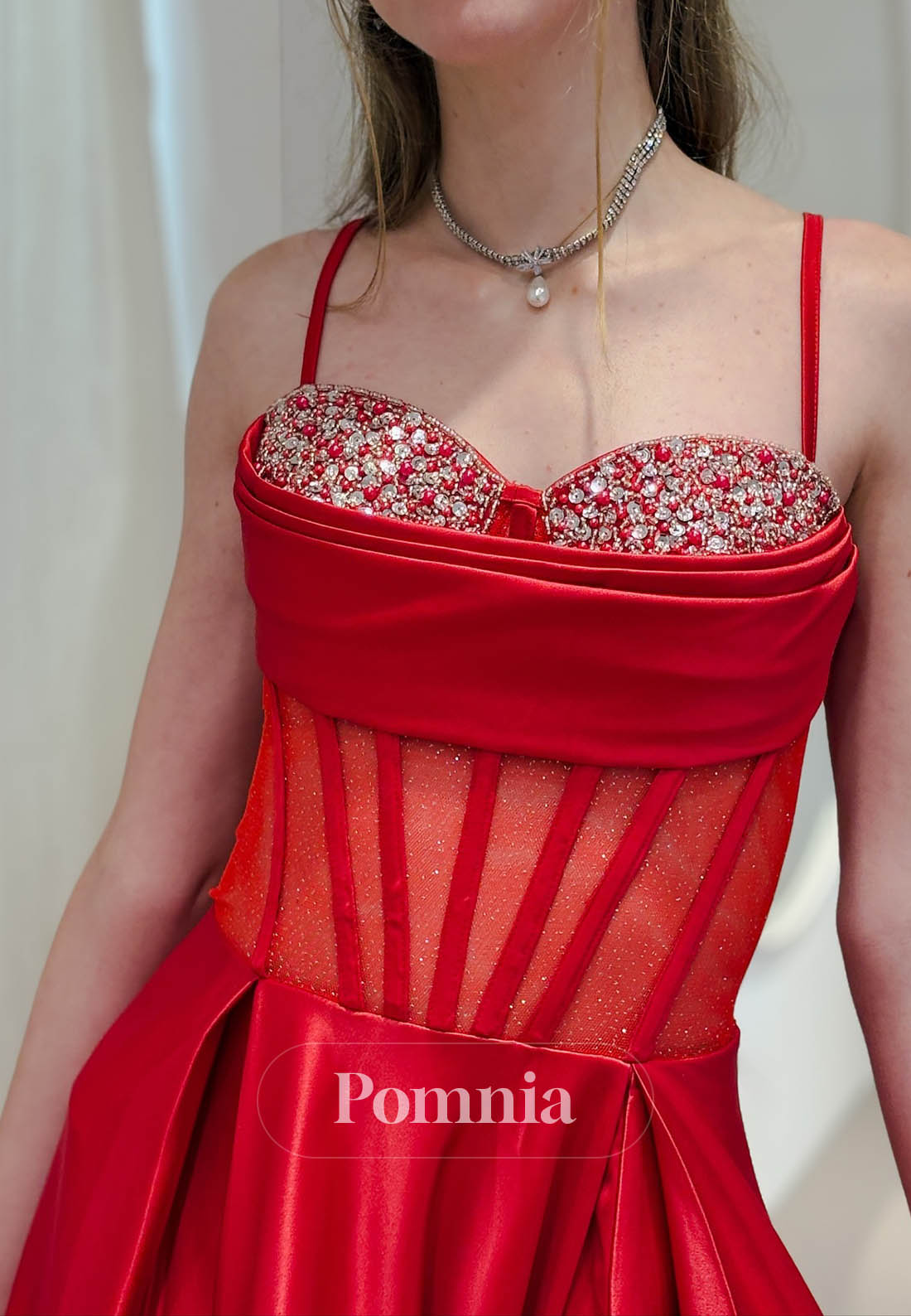 Red Spaghetti Straps Sweetheart Sequins Corset Prom Dress