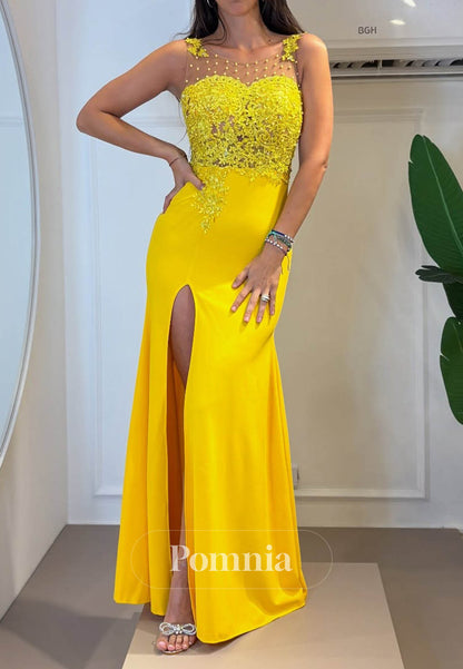 Daffodil Sleeveless Strapless Slit Sequins Prom Dress
