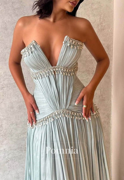 Mint Green Sleeveless Strapless Ruched A-Line Prom Dress