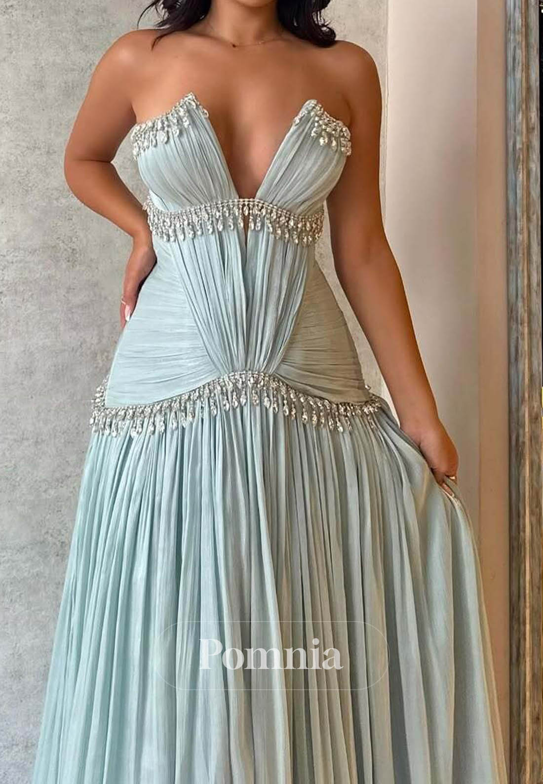 Mint Green Sleeveless Strapless Ruched A-Line Prom Dress