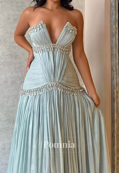 Mint Green Sleeveless Strapless Ruched A-Line Prom Dress